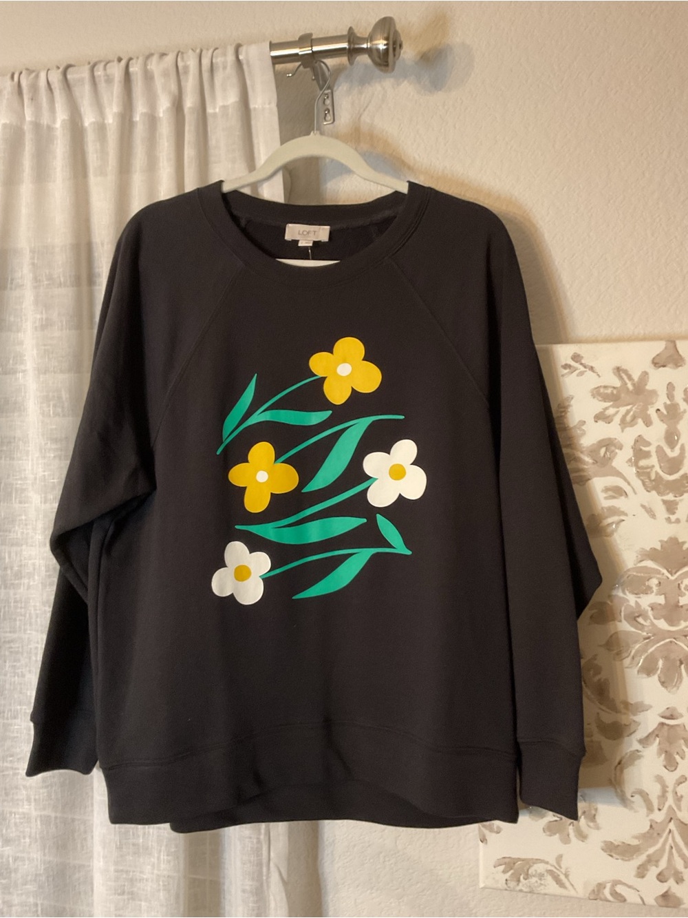 LOFT Black Sweatshirt with Yellow & White Floral Graphic